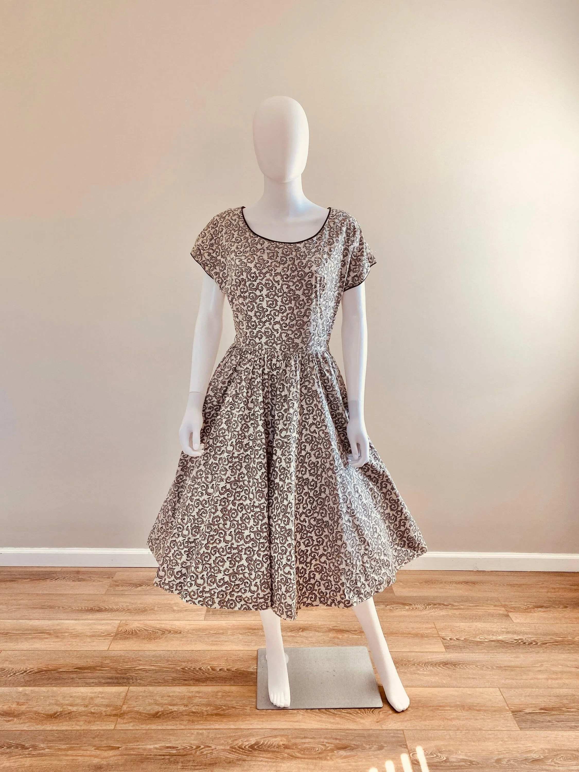 Vintage 1950s Black and White Cotton Day Dress with Rhinestones / 50s retro polka dot fit and flare casual dress with pockets / 