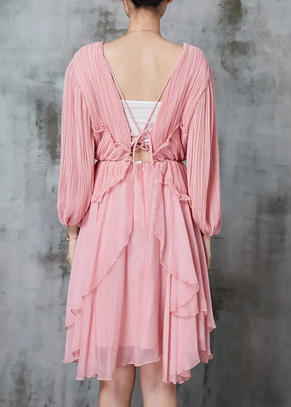 Women Pink Ruffled Wrinkled Chiffon Mid Dress Spring JK1063