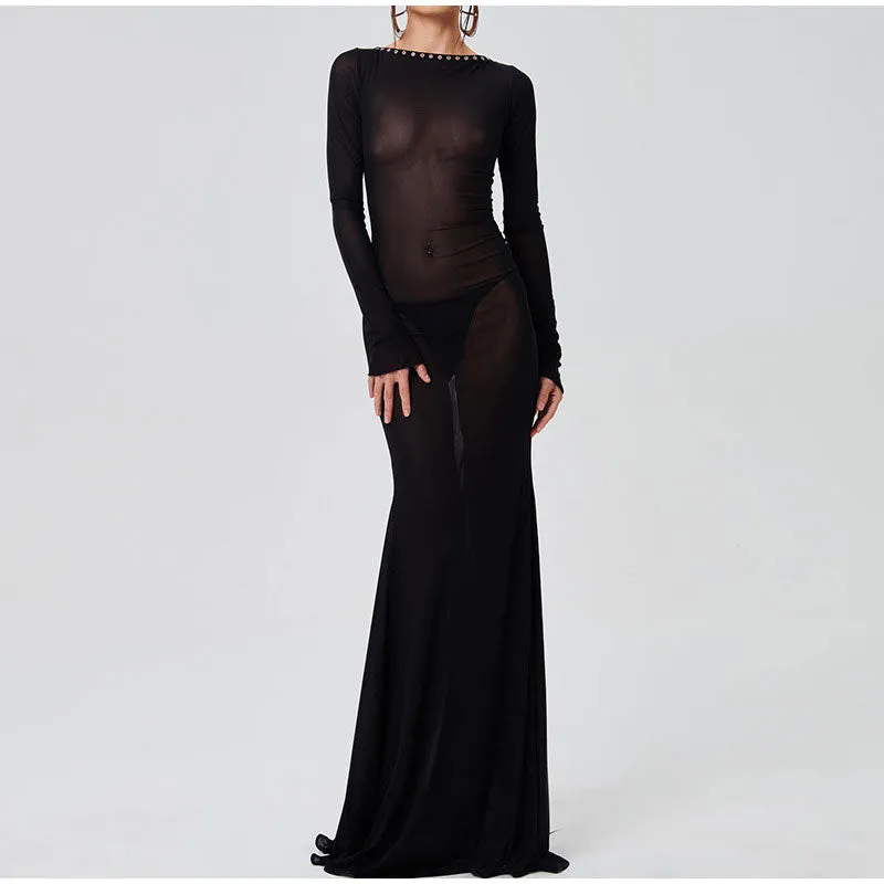 Women's Sexy Mesh Sheer Backless Long Dress Female See Through Lace Up Bodycone Long Sleeve Dresses Lady's Party Club Vestidos